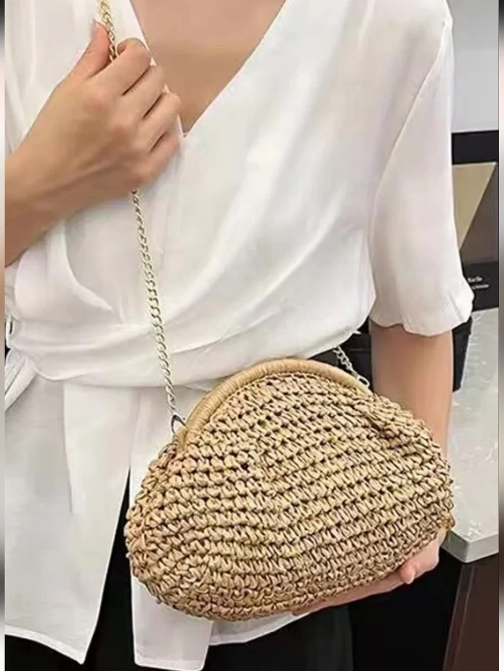 Woven Straw Clutch with Gold Chain - Tan
